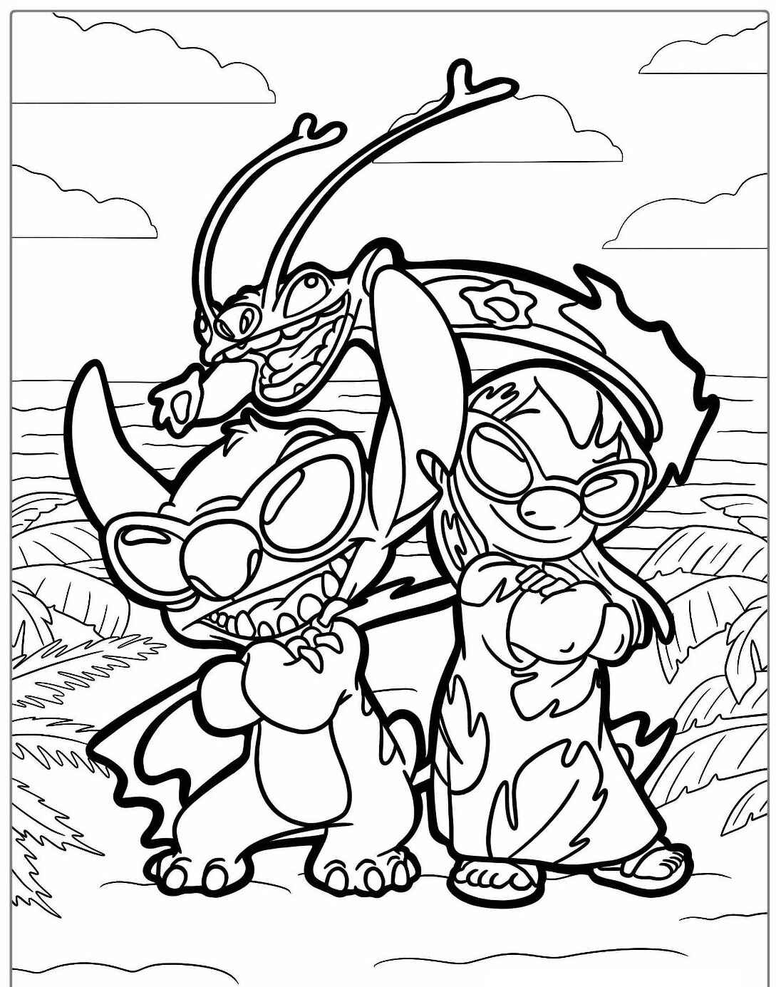 Desenho do Stitch Lilo e Jumba com óculos de sol para colorir.