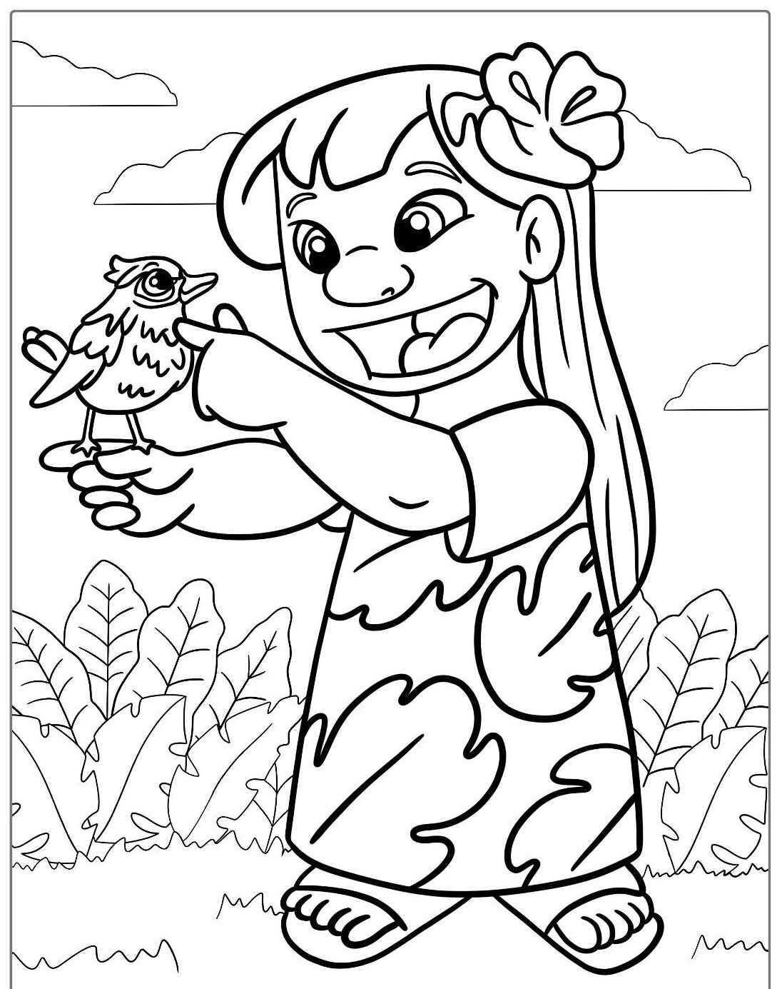Desenho da Lilo com um passarinho na mão para colorir e imprimir