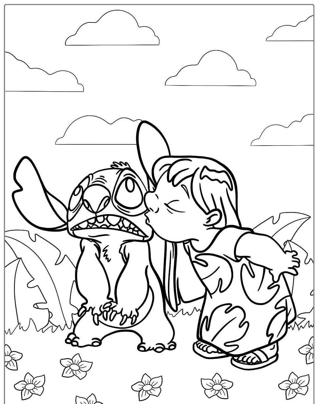 Desenho da Lilo beijando o Stitch para colorir com tema havaiano