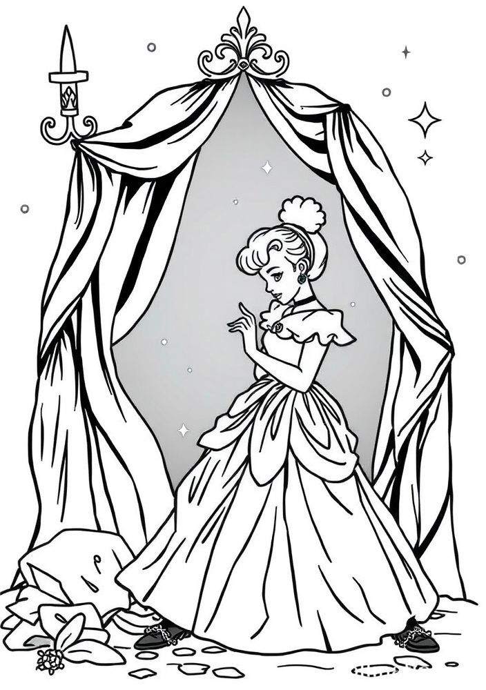Desenho do vestido da Cinderela antes da transformação para colorir