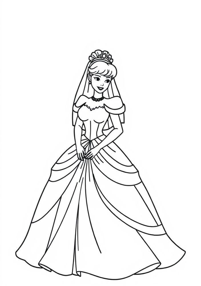Desenho do vestido da Cinderela de noiva para colorir