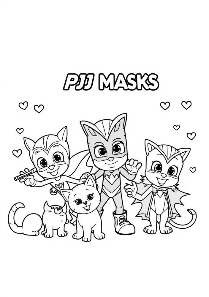 Desenho dos Pj Masks e seus animais de estimação para colorir