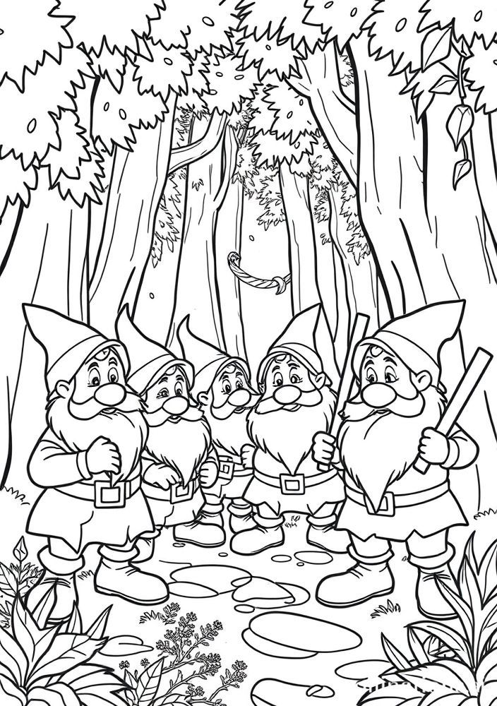 Desenho dos Sete Anões em uma aventura pela floresta para colorir