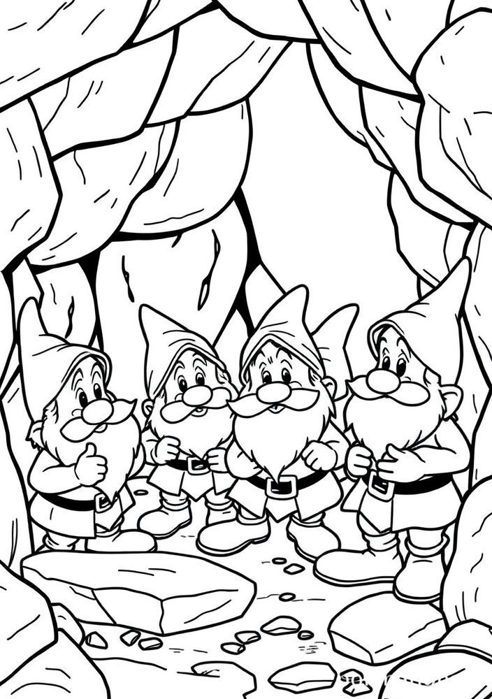 Desenho dos Sete Anões trabalhando na mina para colorir