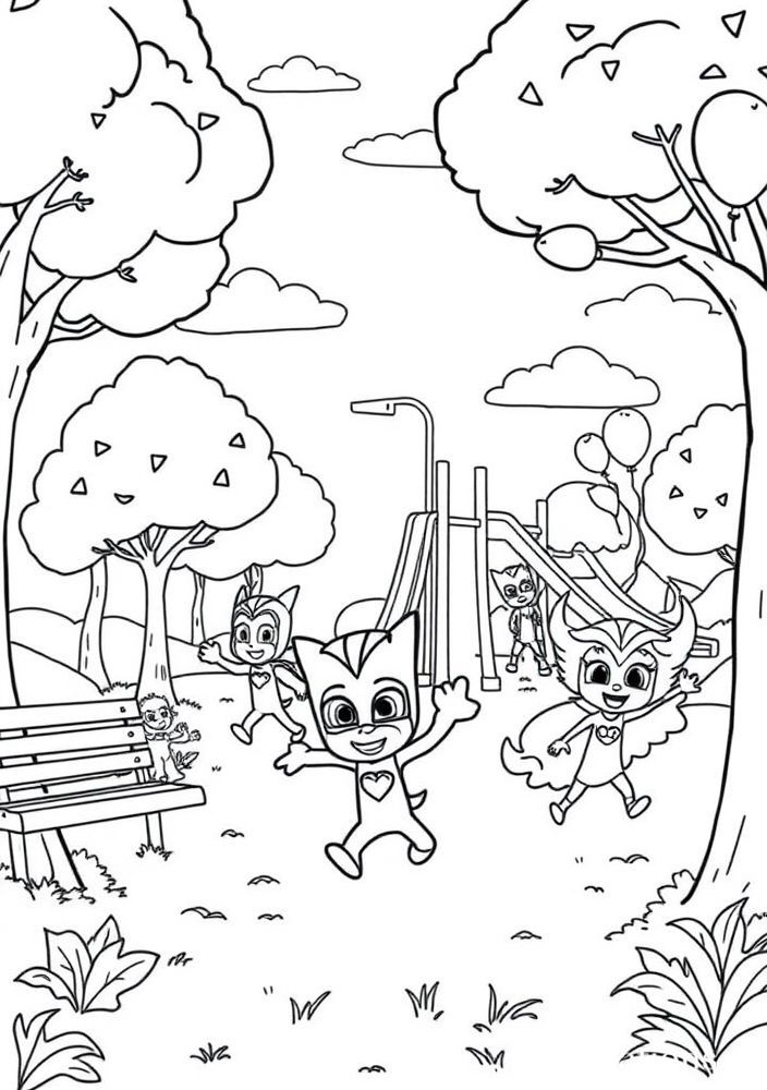 Desenho dos personagens do PJ Masks em um dia de diversão no parque para colorir