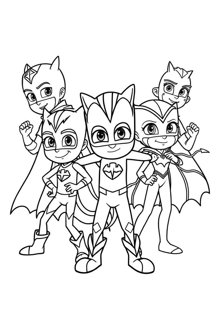 Desenho dos três heróis do PJ Masks juntos para colorir