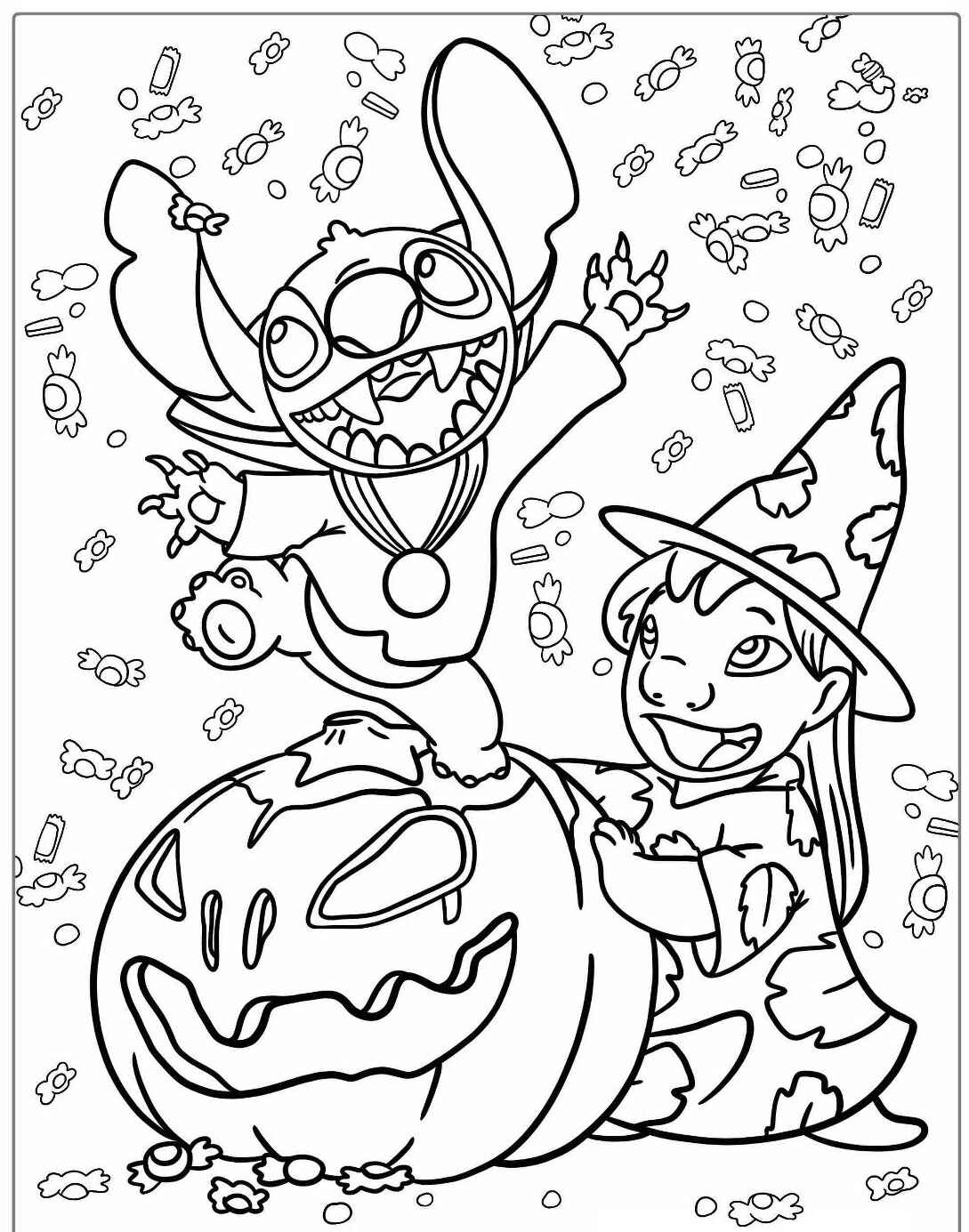 Desenhos de Halloween do Stitch e Lilo com abóbora para colorir