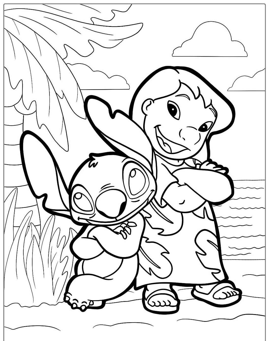 Desenho de Lilo e Stitch na praia com os braços cruzados para colorir