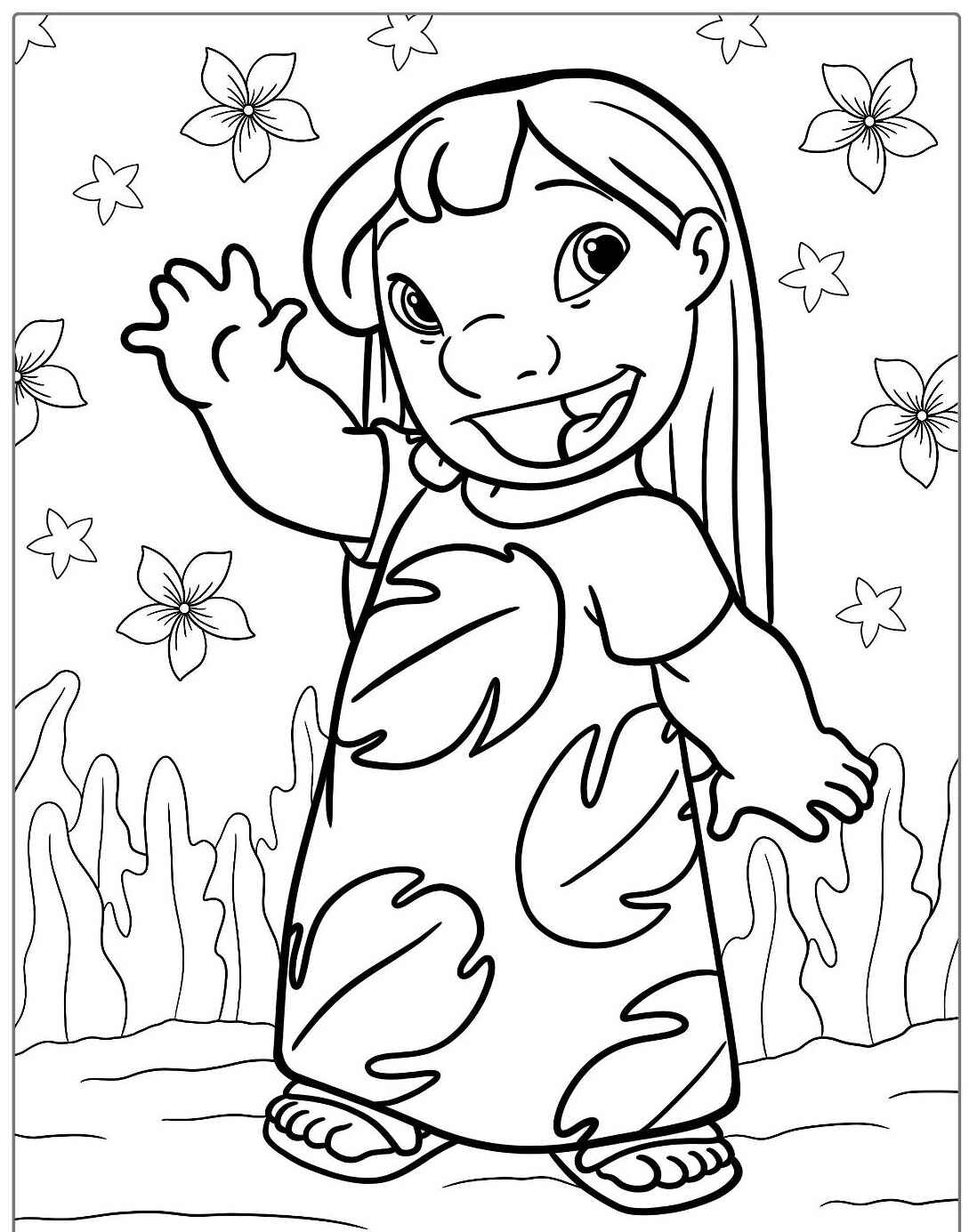 Desenho da Lilo sorrindo e acenando em meio a flores