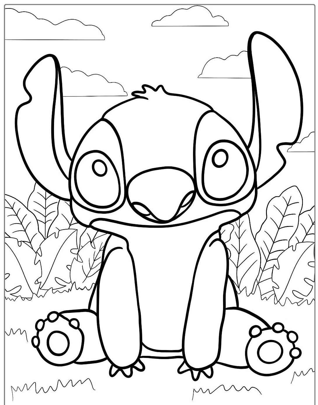 Desenho do Stitch sentado na grama em preto e branco para colorir