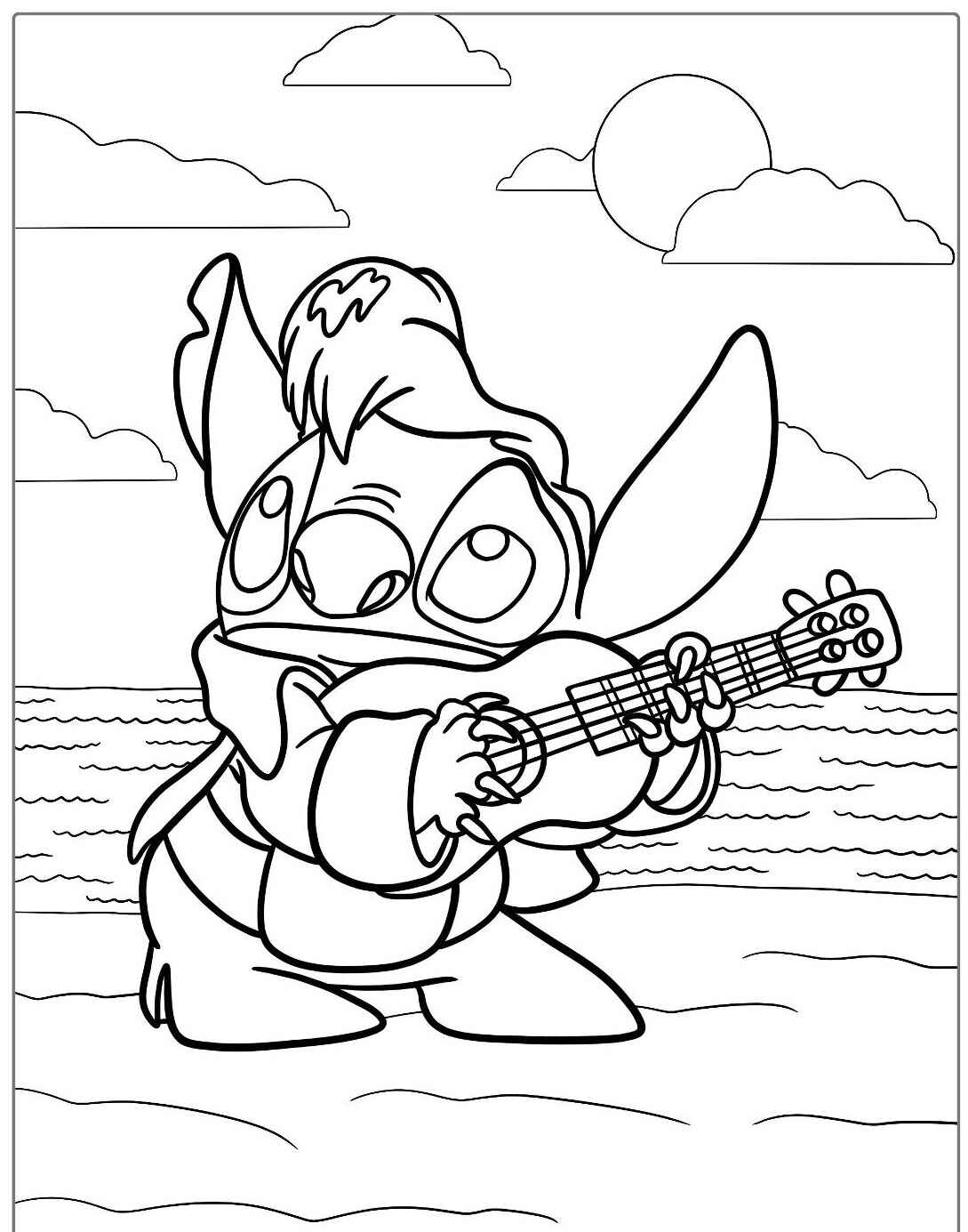 Desenho do Stitch tocando ukulele na praia para colorir