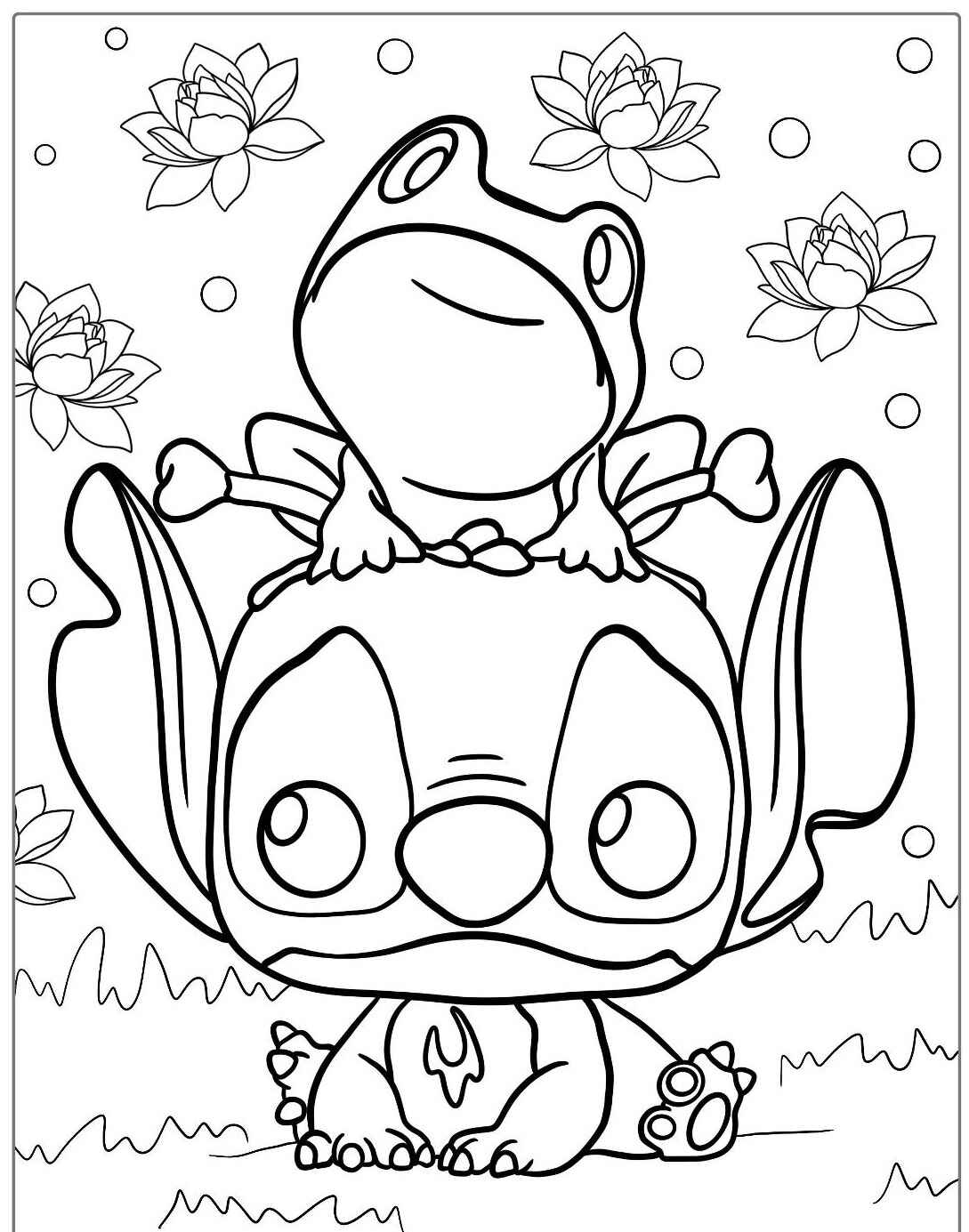 Desenhos do Stitch com um sapo na cabeça para colorir com flores