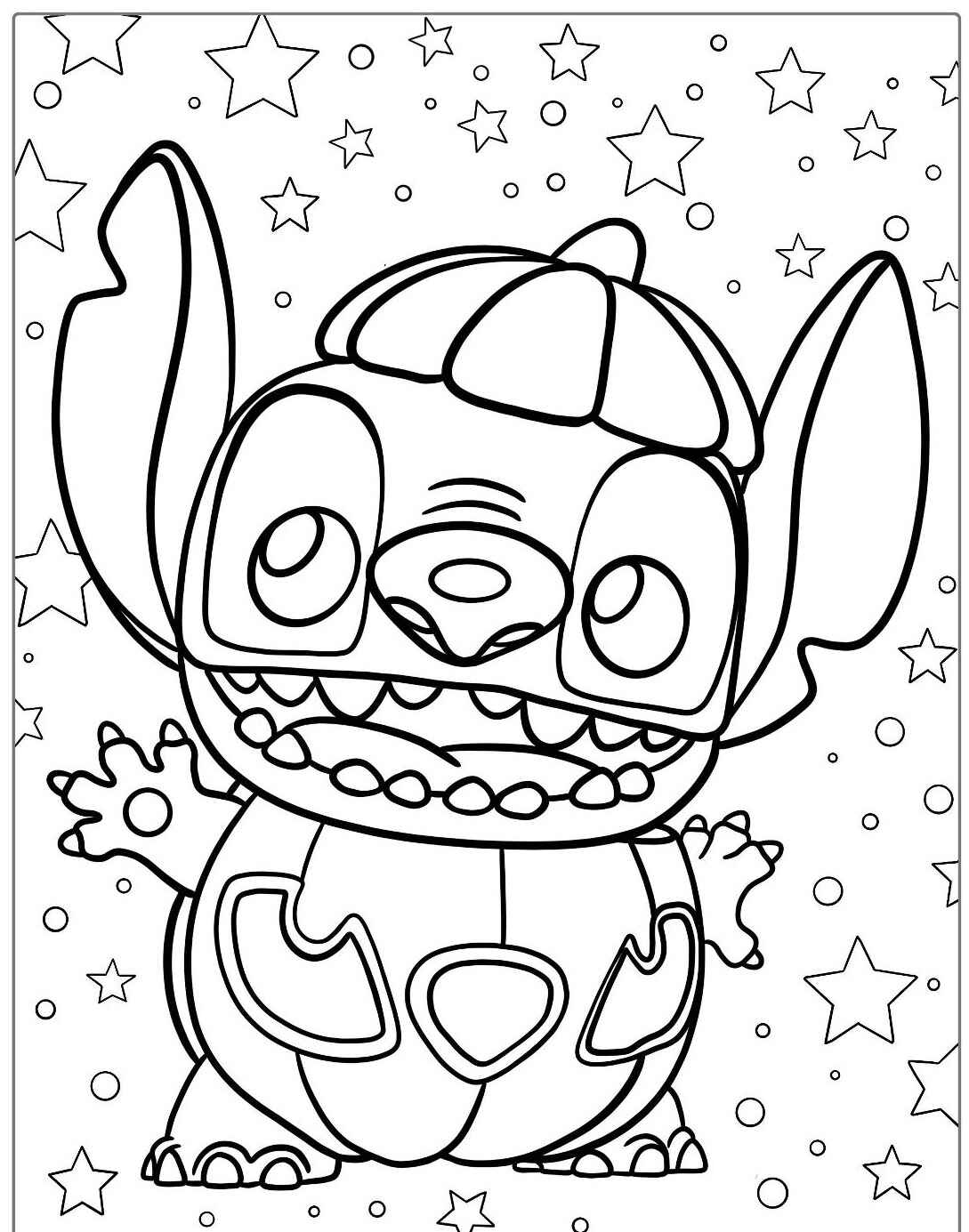 Desenho do Stitch fantasiado de abóbora para colorir com estrelas
