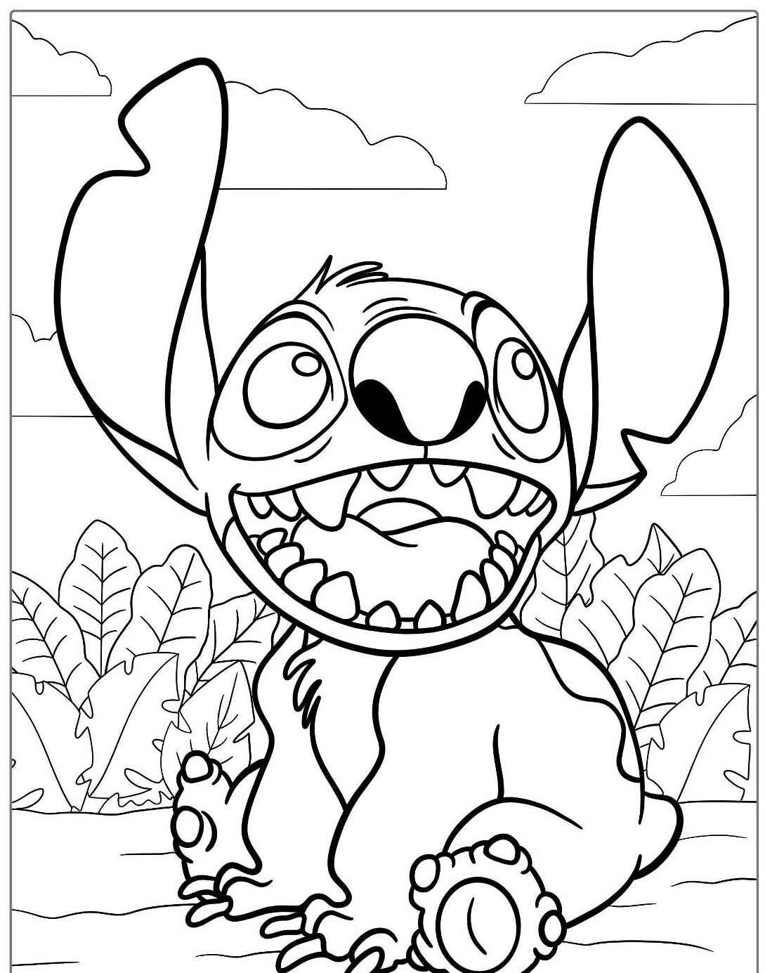 Desenho do Stitch sorrindo sentado para colorir em fundo de folhagens