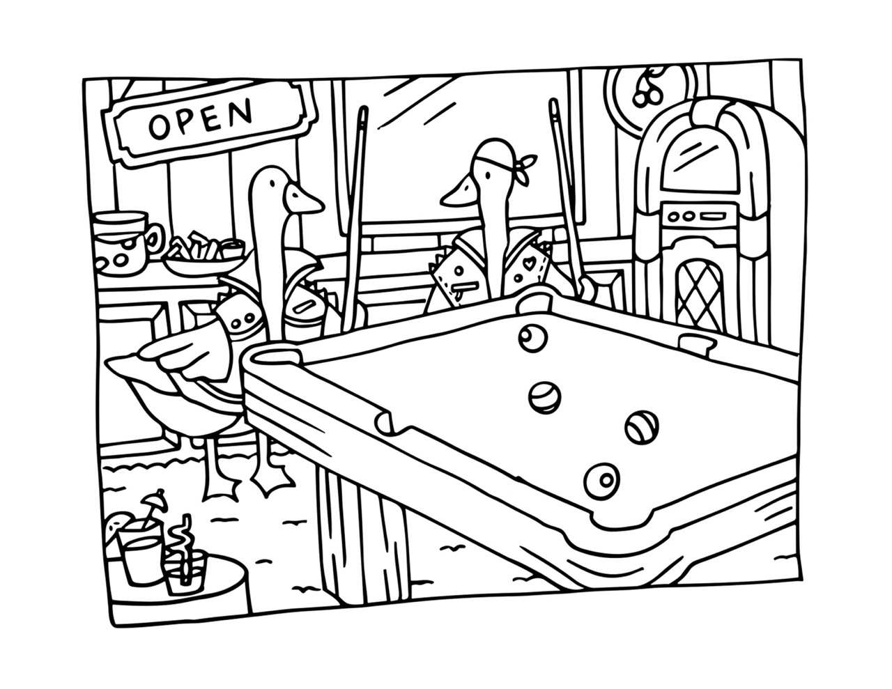 Bobbie Goods jogando sinuca em um bar com jukebox e bebidas