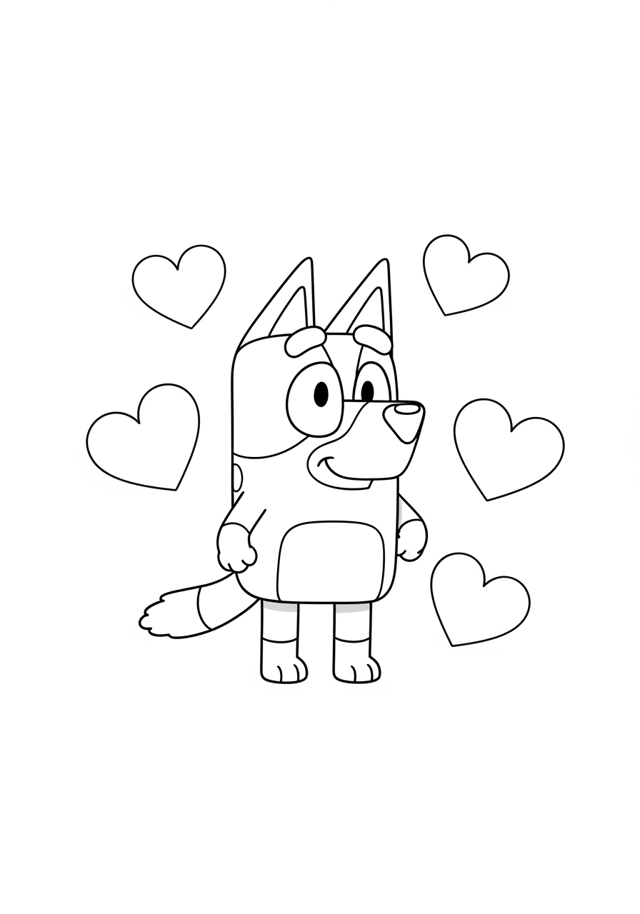 Desenho de Bluey com corações para colorir para crianças e fãs