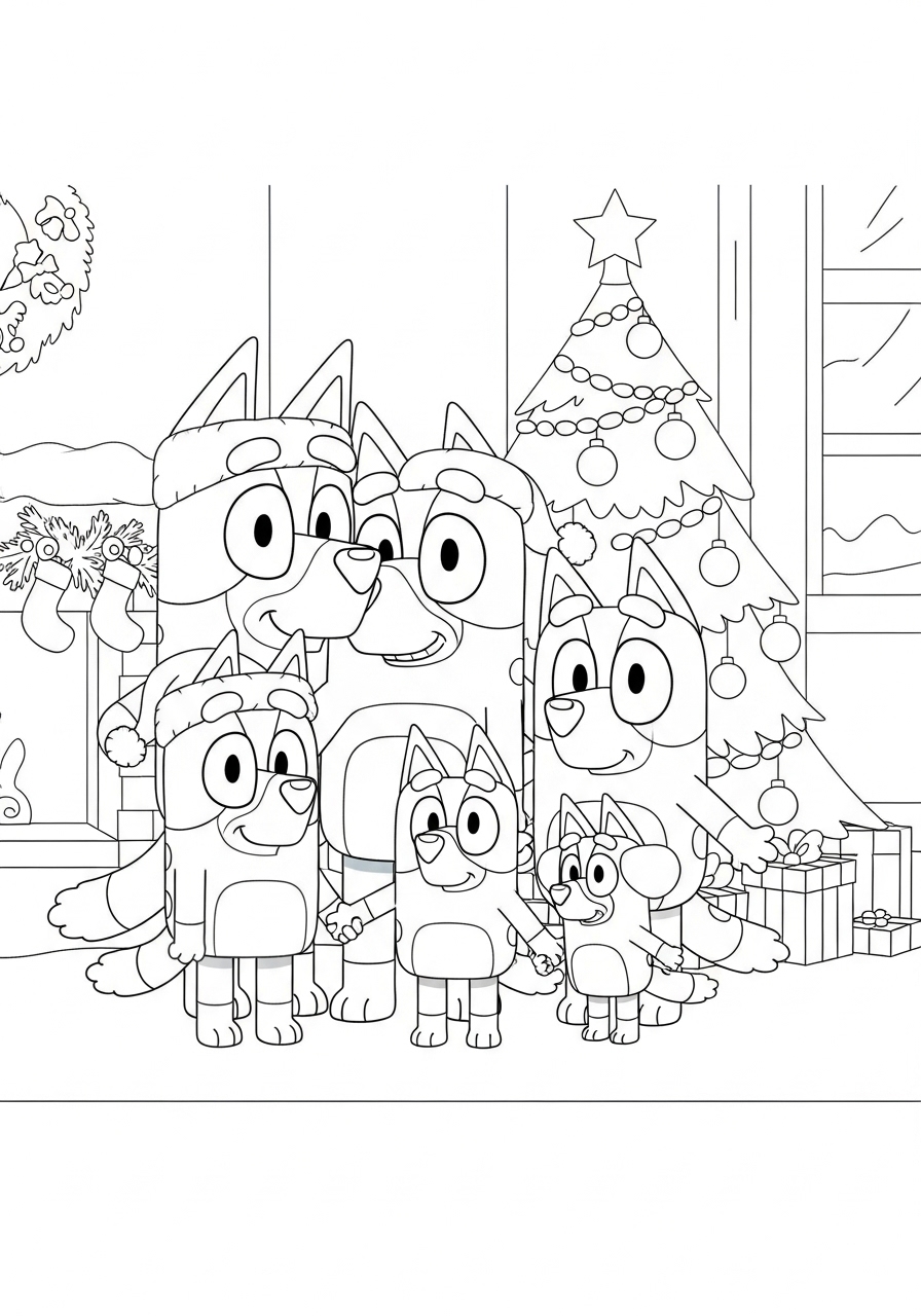 Bluey e família em desenho de Natal para colorir e imprimir