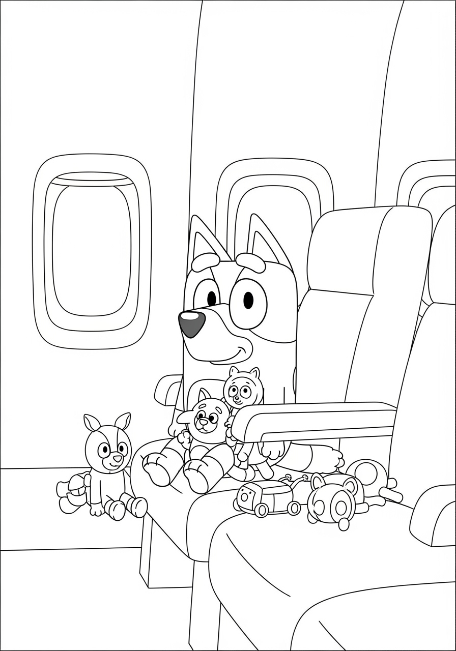Bluey em avião com brinquedos desenho para colorir infantil.