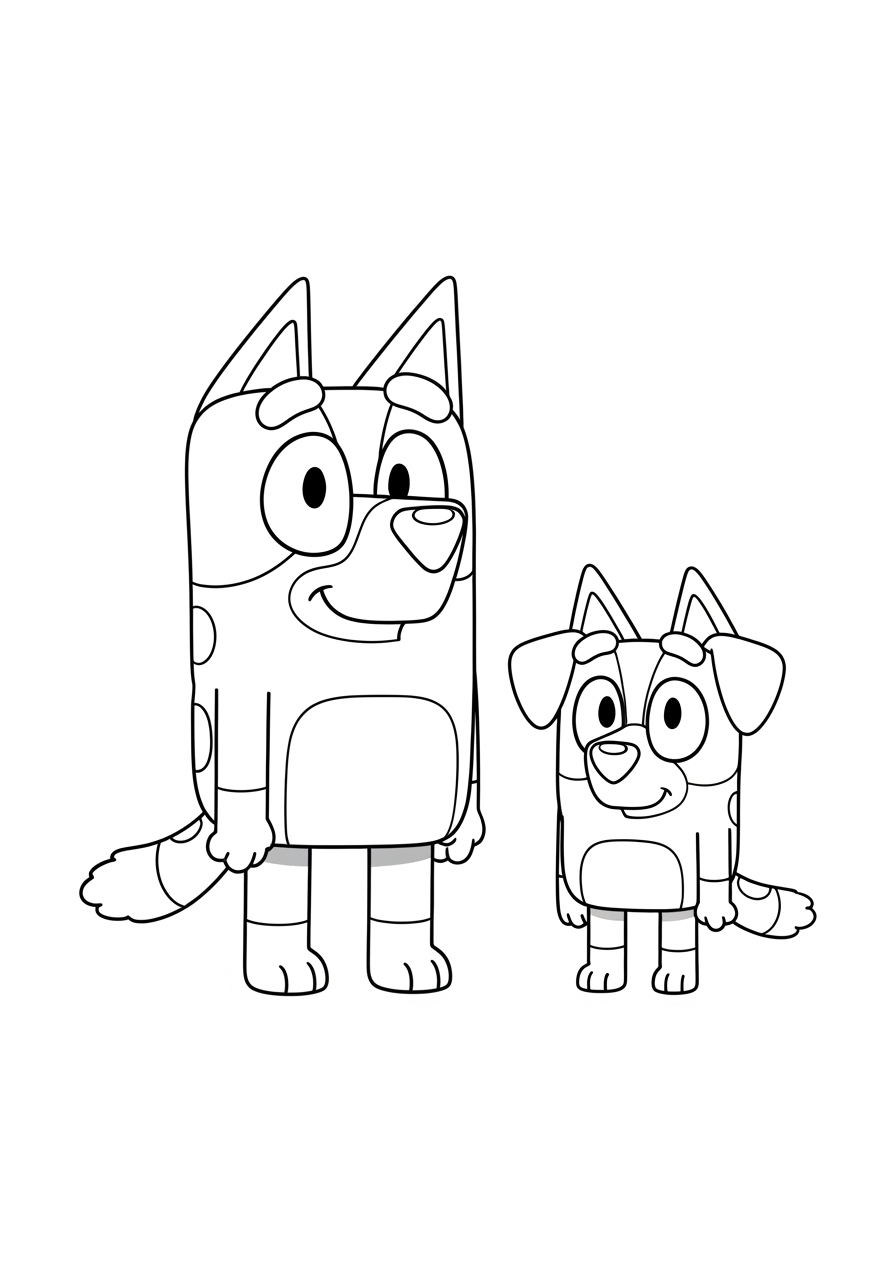 Desenho do Bluey e Bingo para colorir personagens do desenho animado.