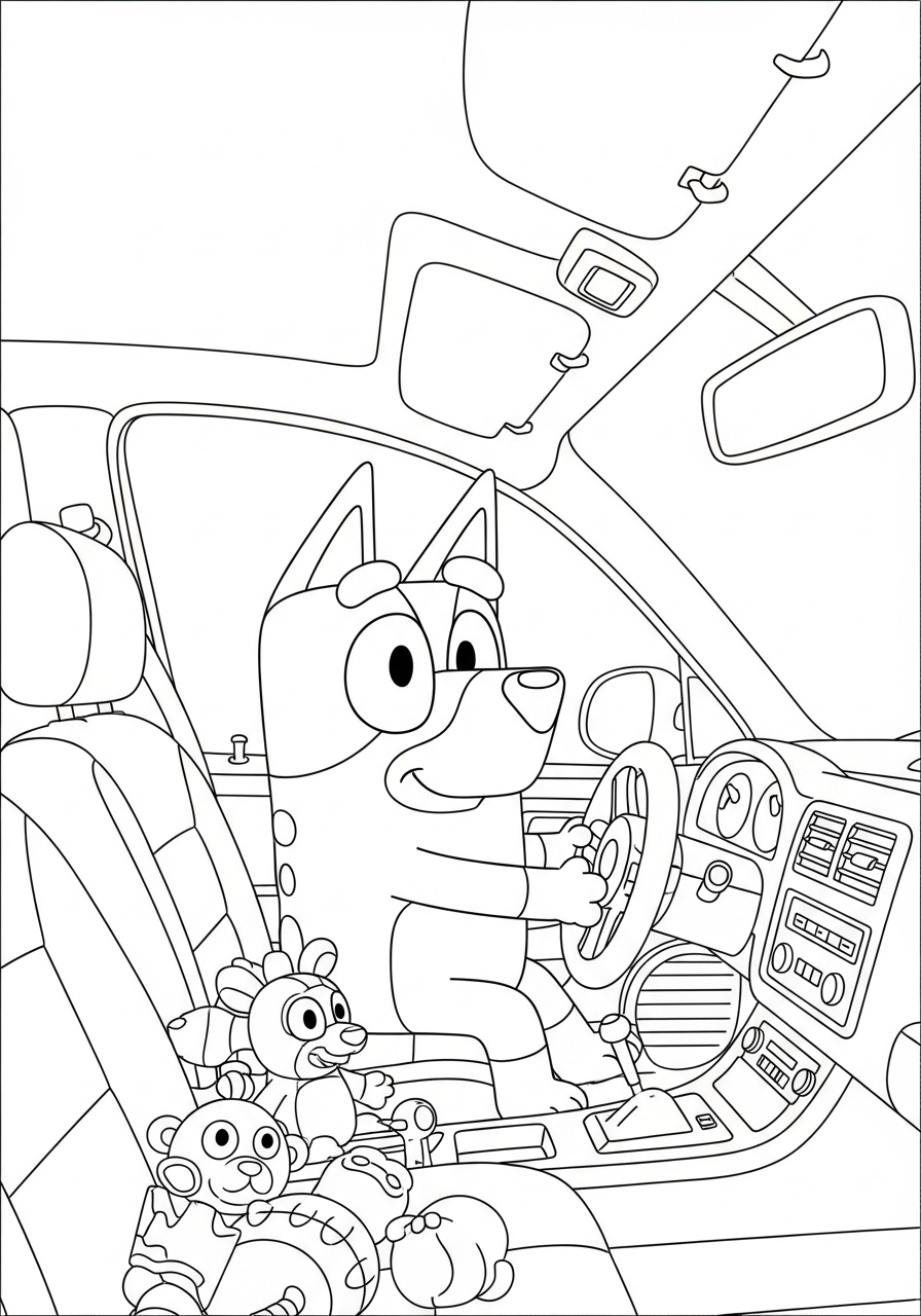 Bluey dirigindo carro com brinquedos para colorir online grátis