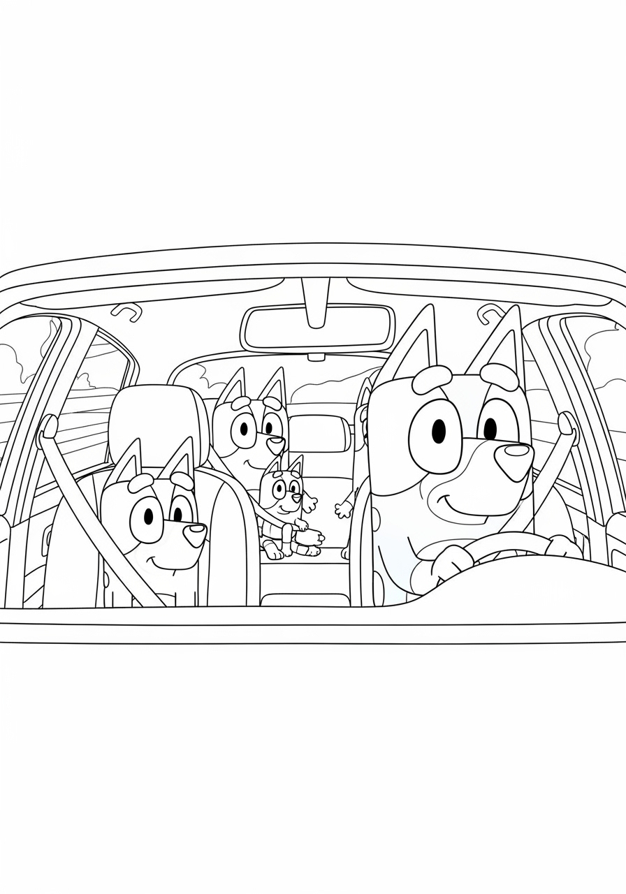Bluey e família em desenho para colorir dentro do carro.