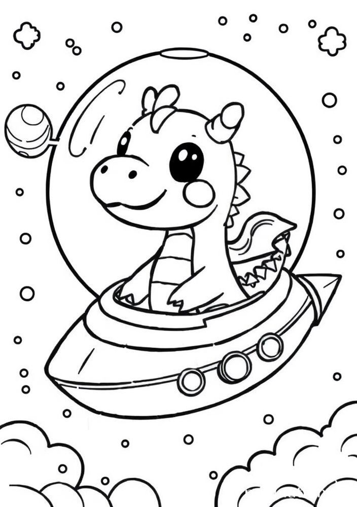 Dragão Kawaii em Um Nave Espacial para Colorir