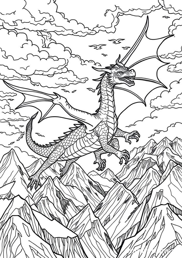 Dragão Volando sobre Montanhas para Colorir