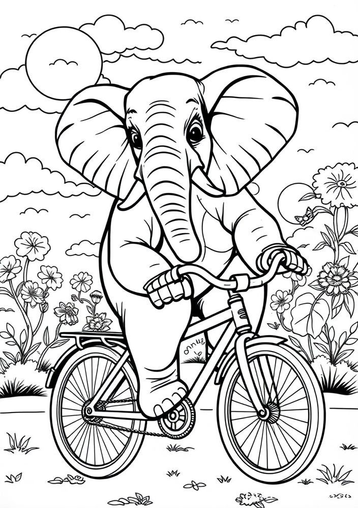 Elefante com uma bicicleta para colorir