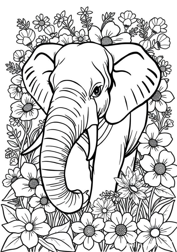 Elefante e flores para colorir