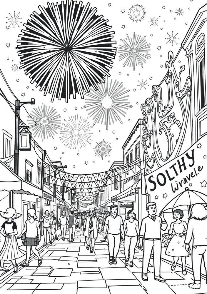 Festa na rua com fogos de artifício para colorir