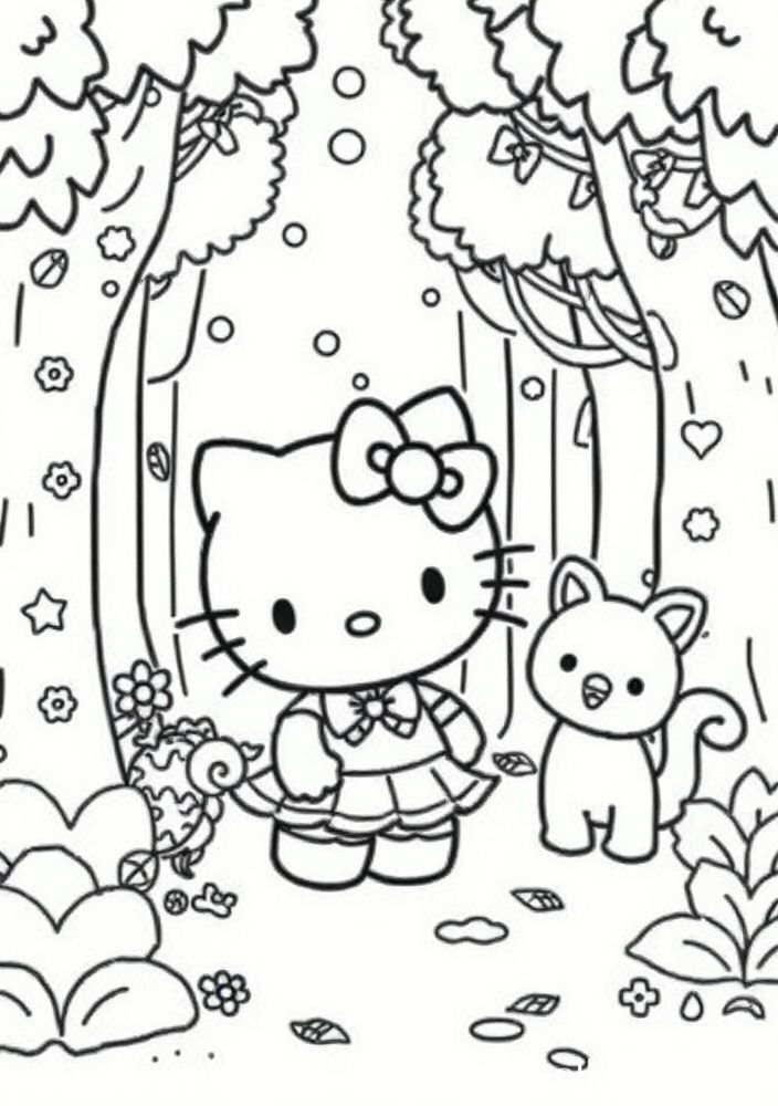 Floresta mágica com a Hello Kitty e amigos para colorir