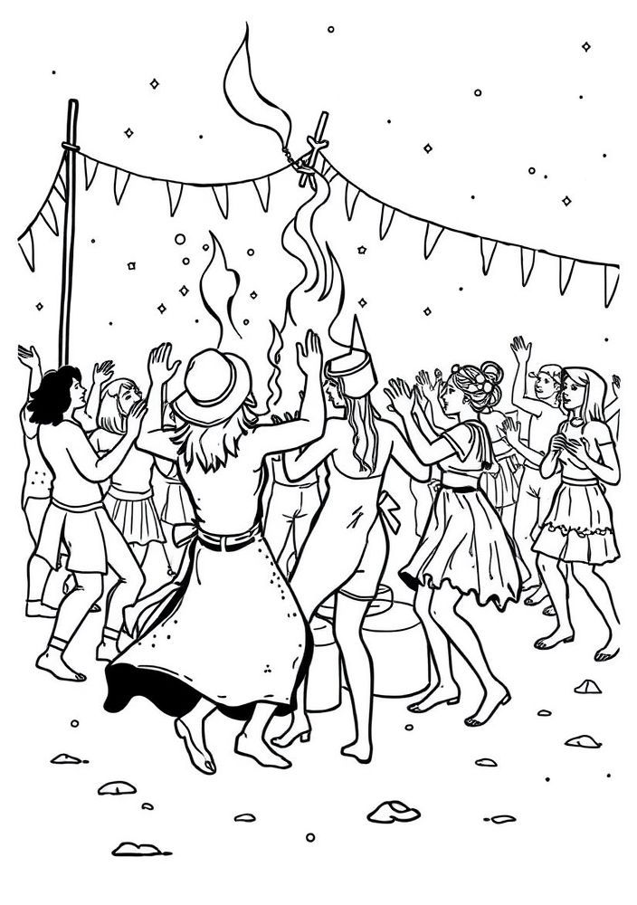 Foliões dançando ao redor de fogueira para colorir