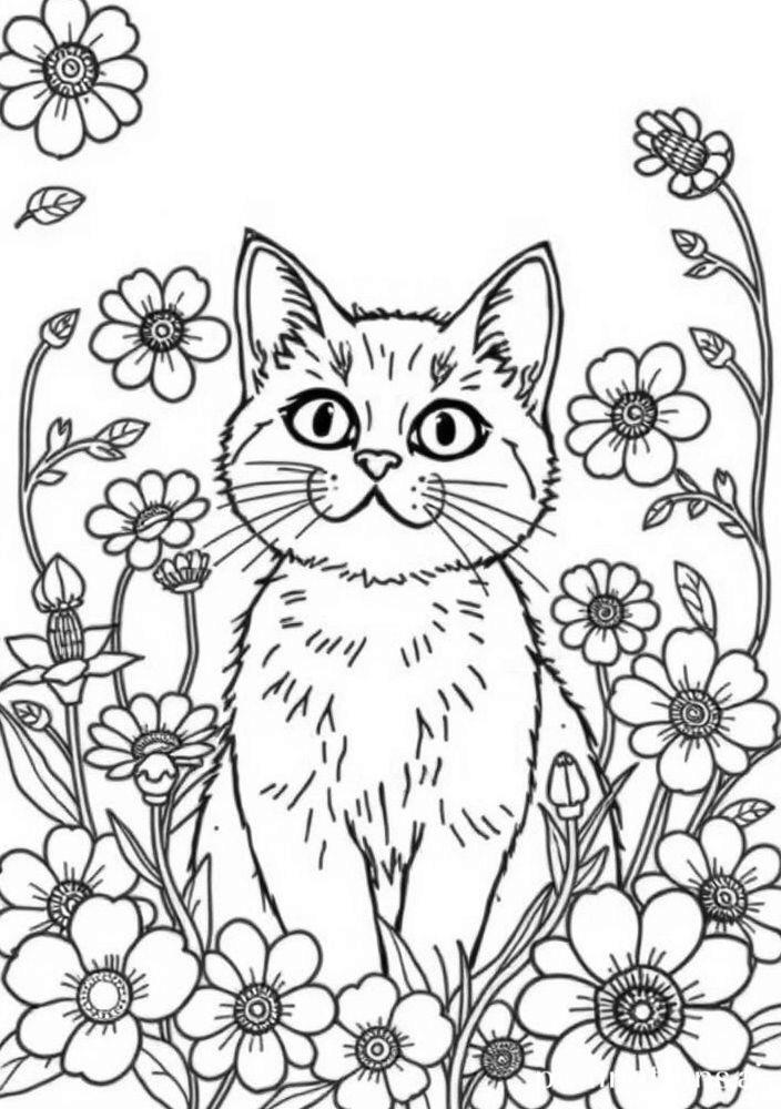 Gato com Flores para colorir