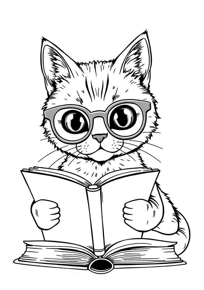 Gato com óculos e livro para colorir