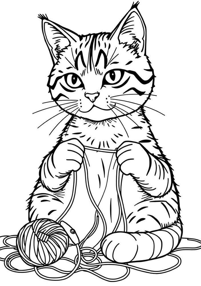 Gato de Costura com Linhas e Agulhas para colorir
