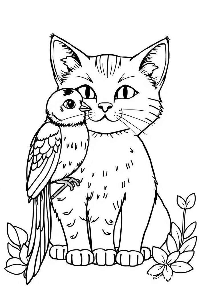 Gato e Pássaro Amigo para colorir