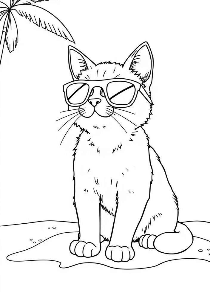 Gato na Praia com Óculos de Sol para colorir