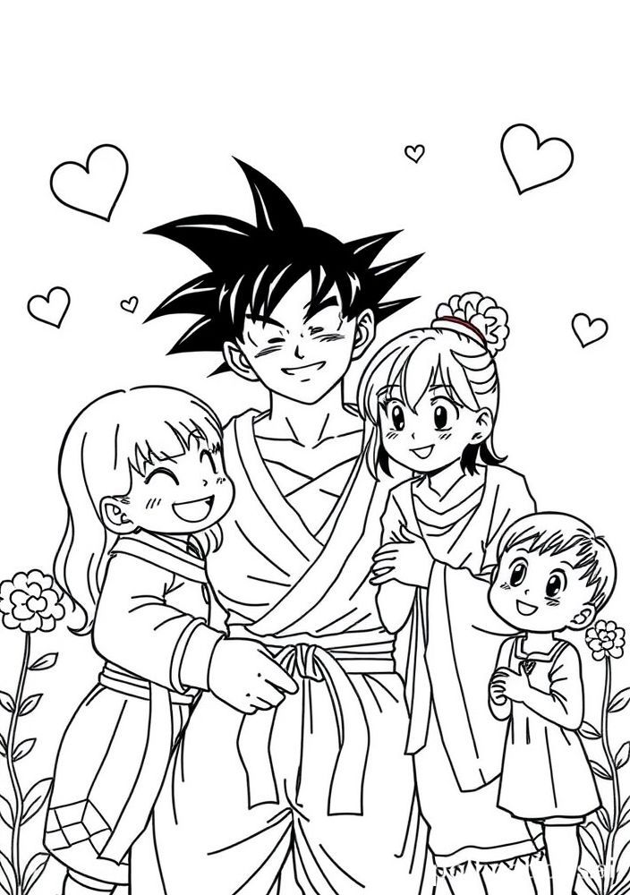 Goku com sua família para colorir