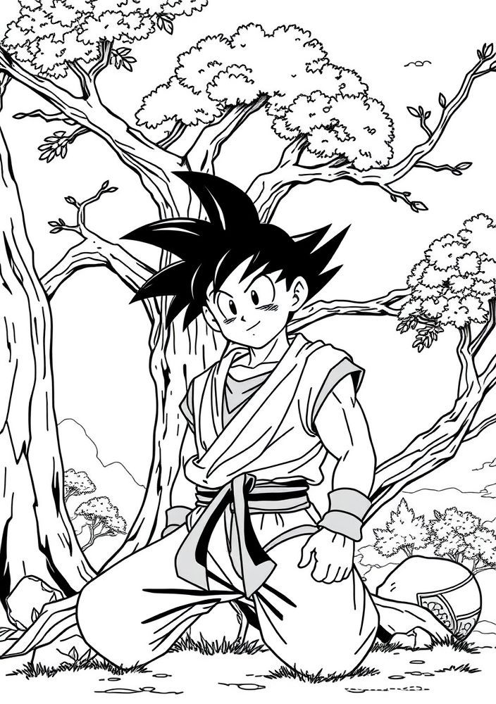 Goku e a árvore da força para colorir