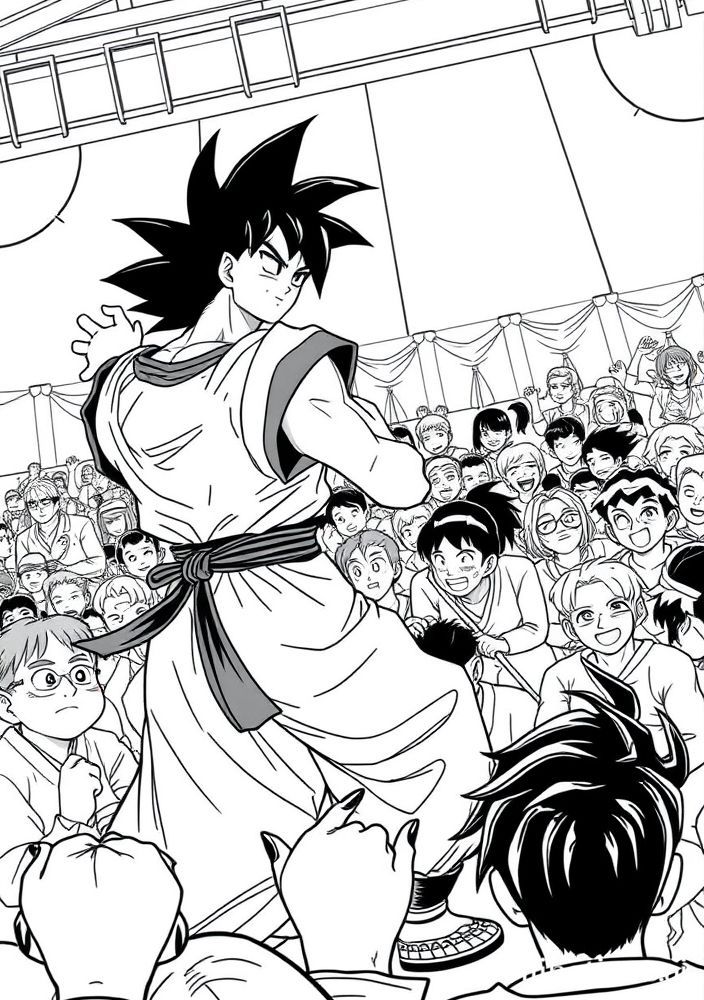 Goku em uma competição de artes marciais para colorir