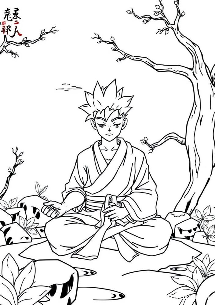 Goku em uma pose de meditação para colorir