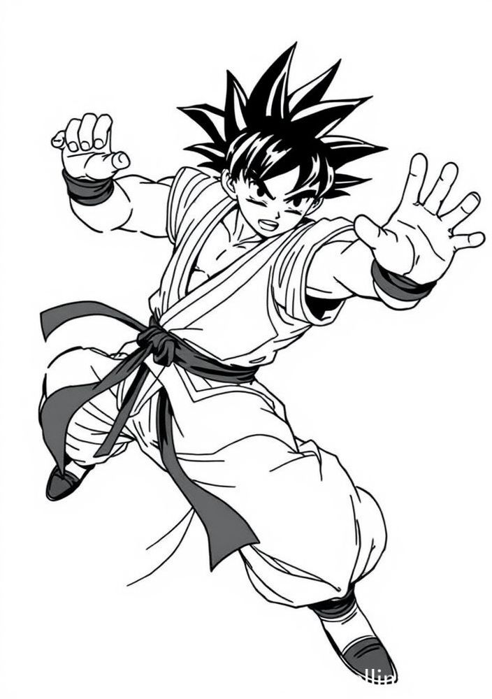 Goku fazendo suas poses de artes marciais para colorir