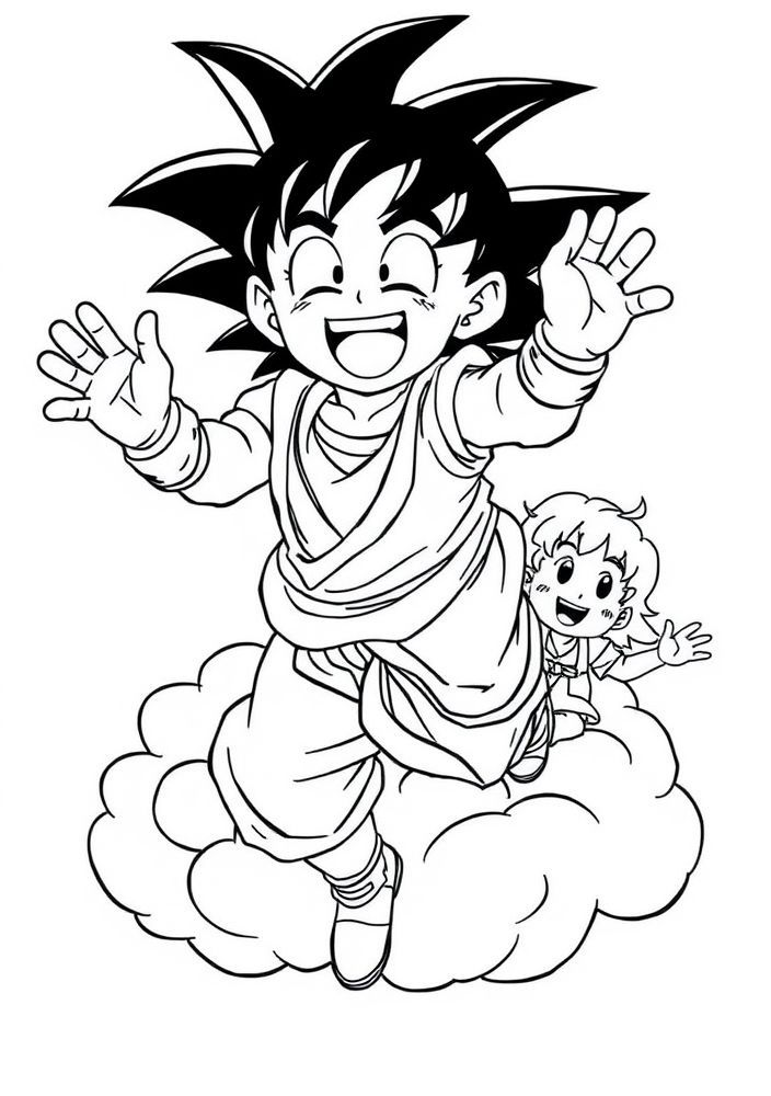 Goku voando em sua nuvem com amigos para colorir