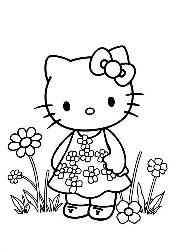 Hello Kitty com um vestido de verão com flores para colorir