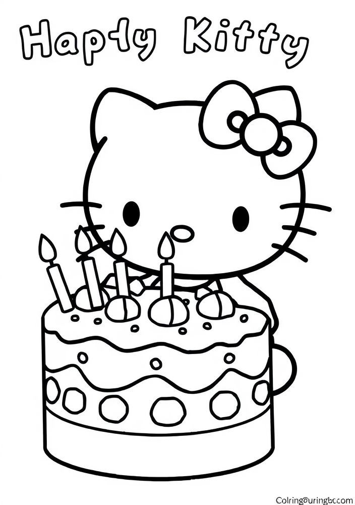 Hello Kitty e seu bolo de aniversário para colorir