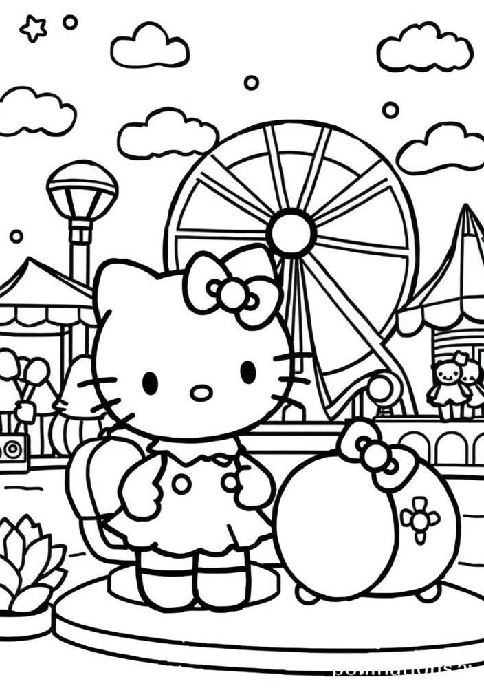 Hello Kitty em um parque de diversões para colorir