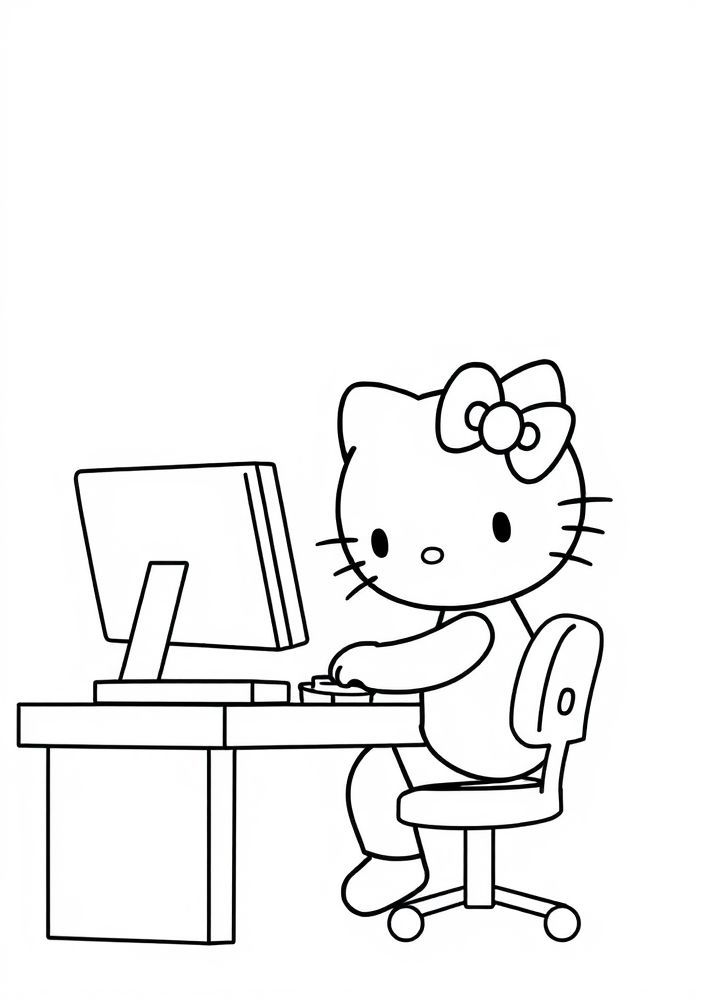 Hello Kitty em uma estação de trabalho com computador para colorir