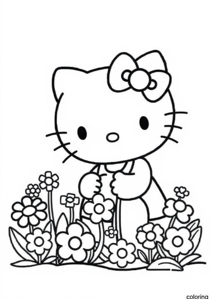 Hello Kitty fazendo jardinagem com flores para colorir
