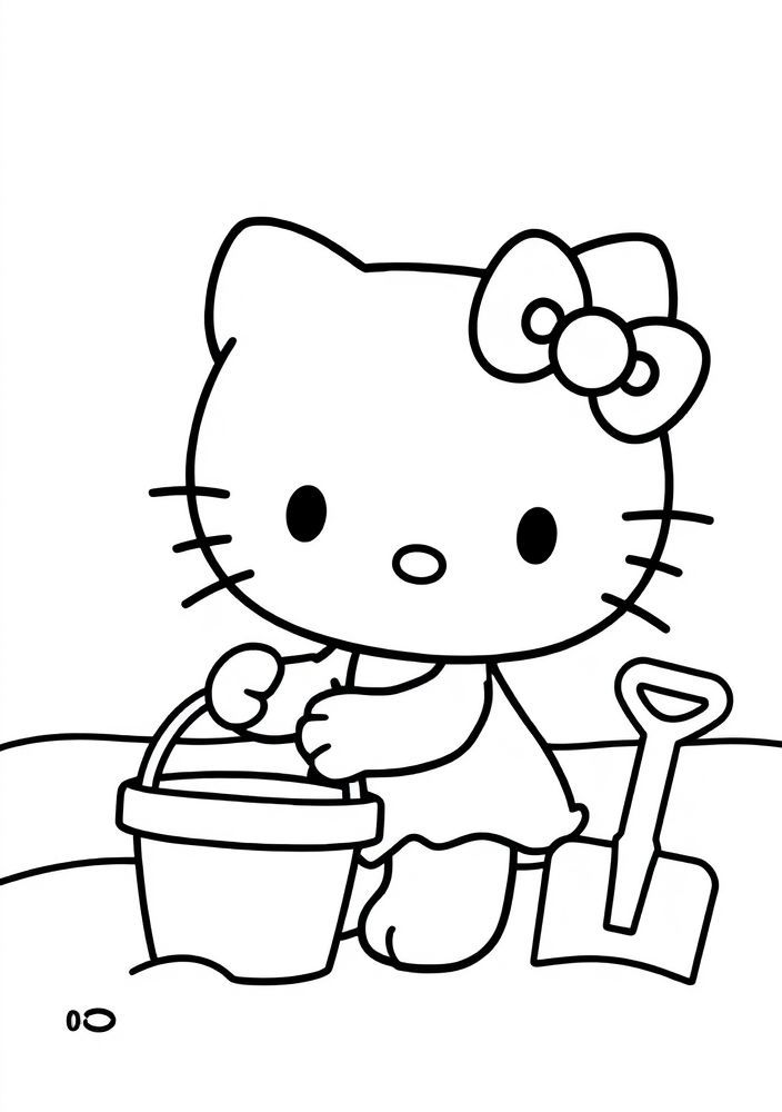 Hello Kitty na praia com um balde e pá para colorir