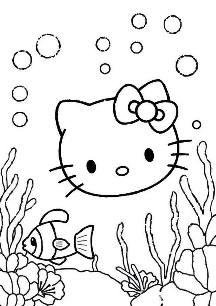 Hello Kitty no fundo do mar com peixes para colorir